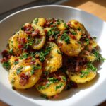 Close-up of warm german potato salad featuring sliced yellow potatoes tossed in a vinaigrette with crispy bacon bits and fresh parsley.