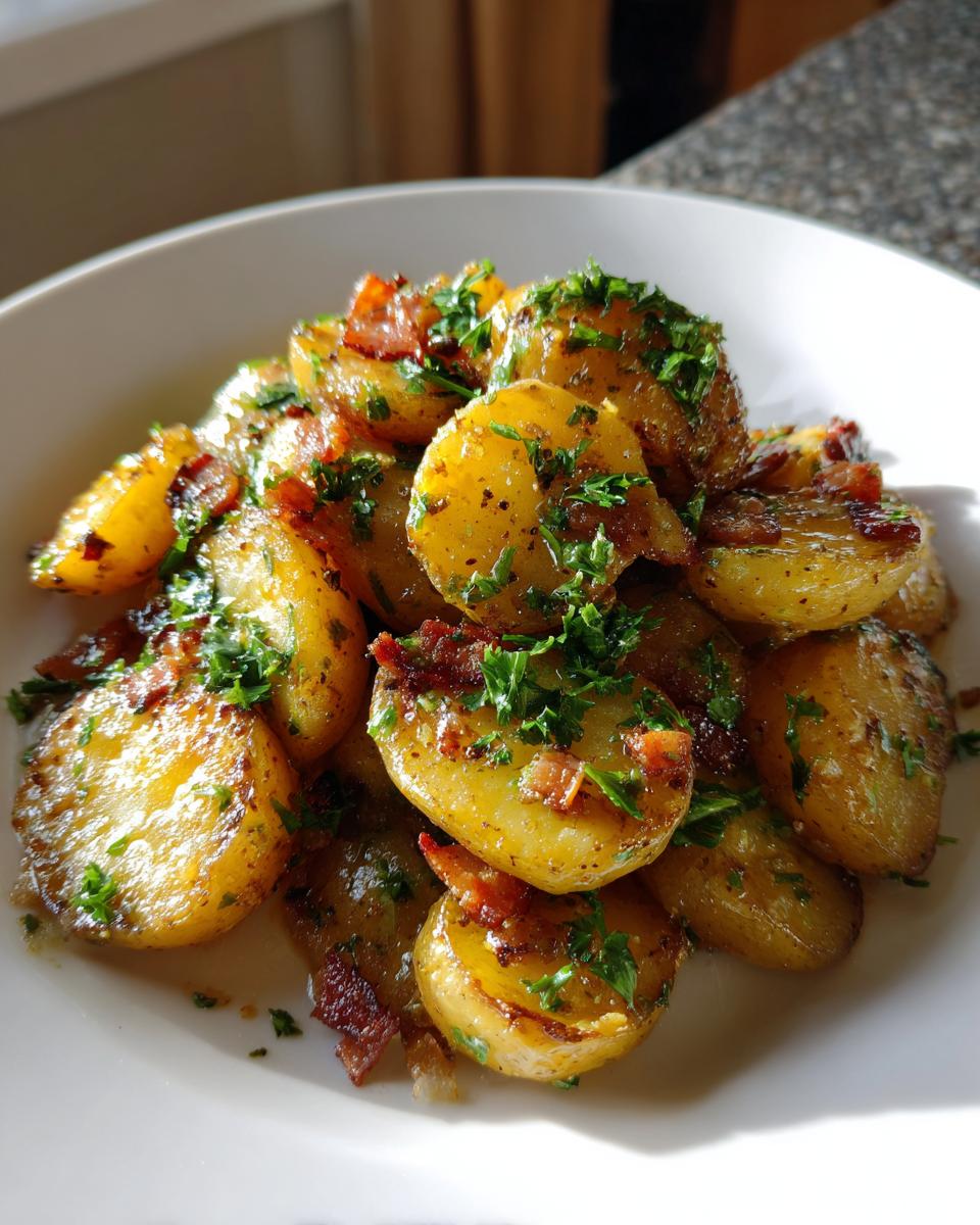 Close-up of warm german potato salad featuring sliced, golden potatoes tossed with crispy bacon bits and fresh parsley.