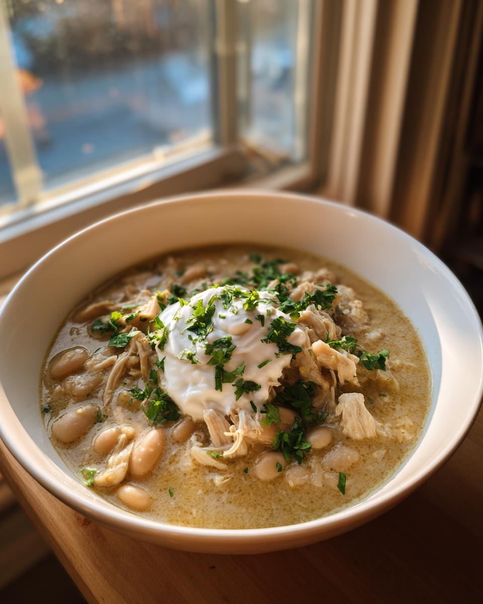 A close-up of a white bowl filled with creamy chicken chili recipe, topped with sour cream and fresh parsley.