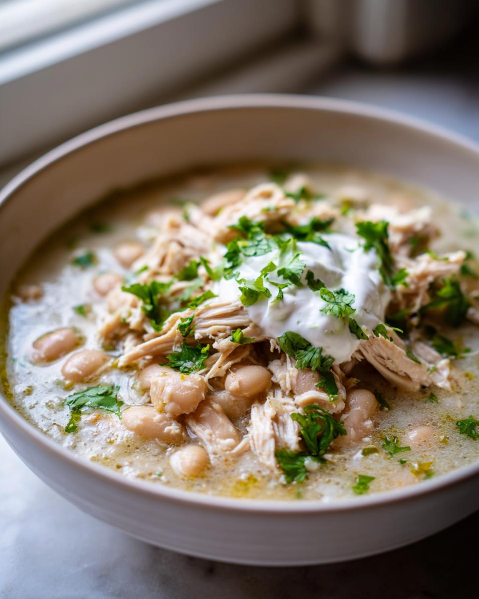 Close-up of a hearty bowl of white chicken chili recipe topped with shredded chicken, white beans, sour cream, and cilantro.