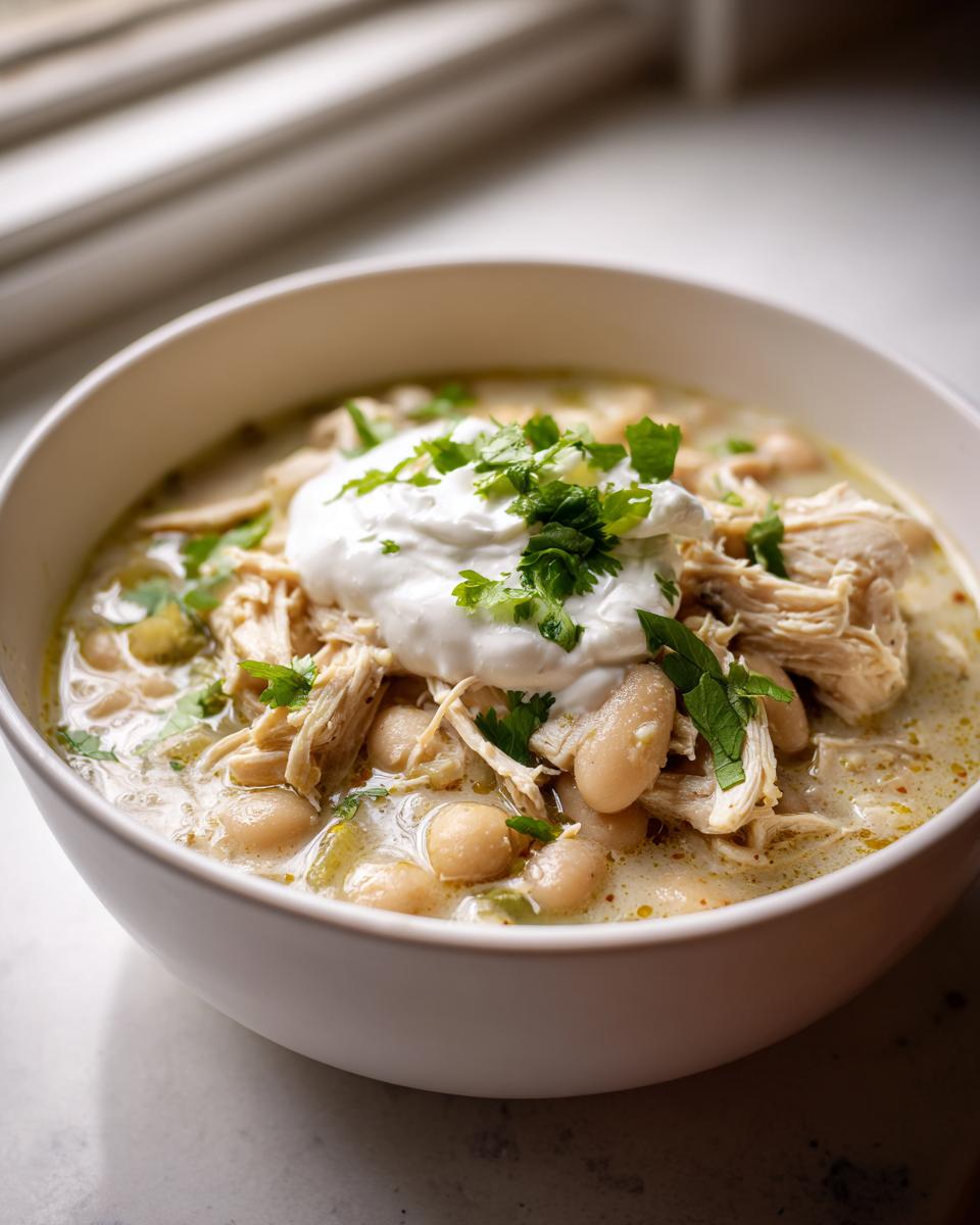 A close-up of a white bowl filled with creamy white chicken chili recipe, topped with sour cream and cilantro.