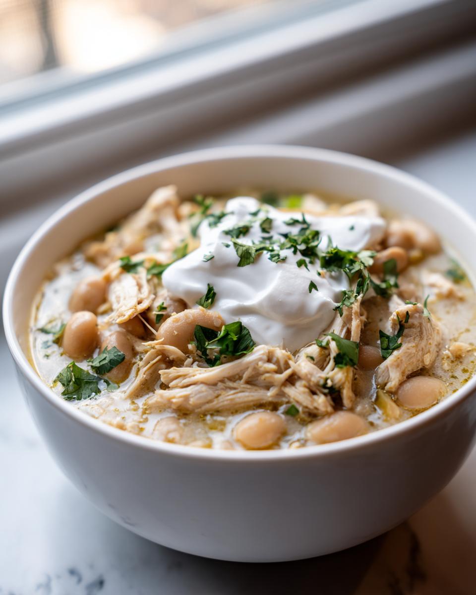Close-up of a white bowl filled with creamy chicken chili recipe, featuring shredded chicken, white beans, and topped with sour cream and cilantro.