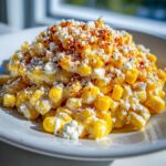 A close-up, appetizing view of a serving of corn salad mixed with creamy dressing, crumbled white cheese, and sprinkled with chili powder.