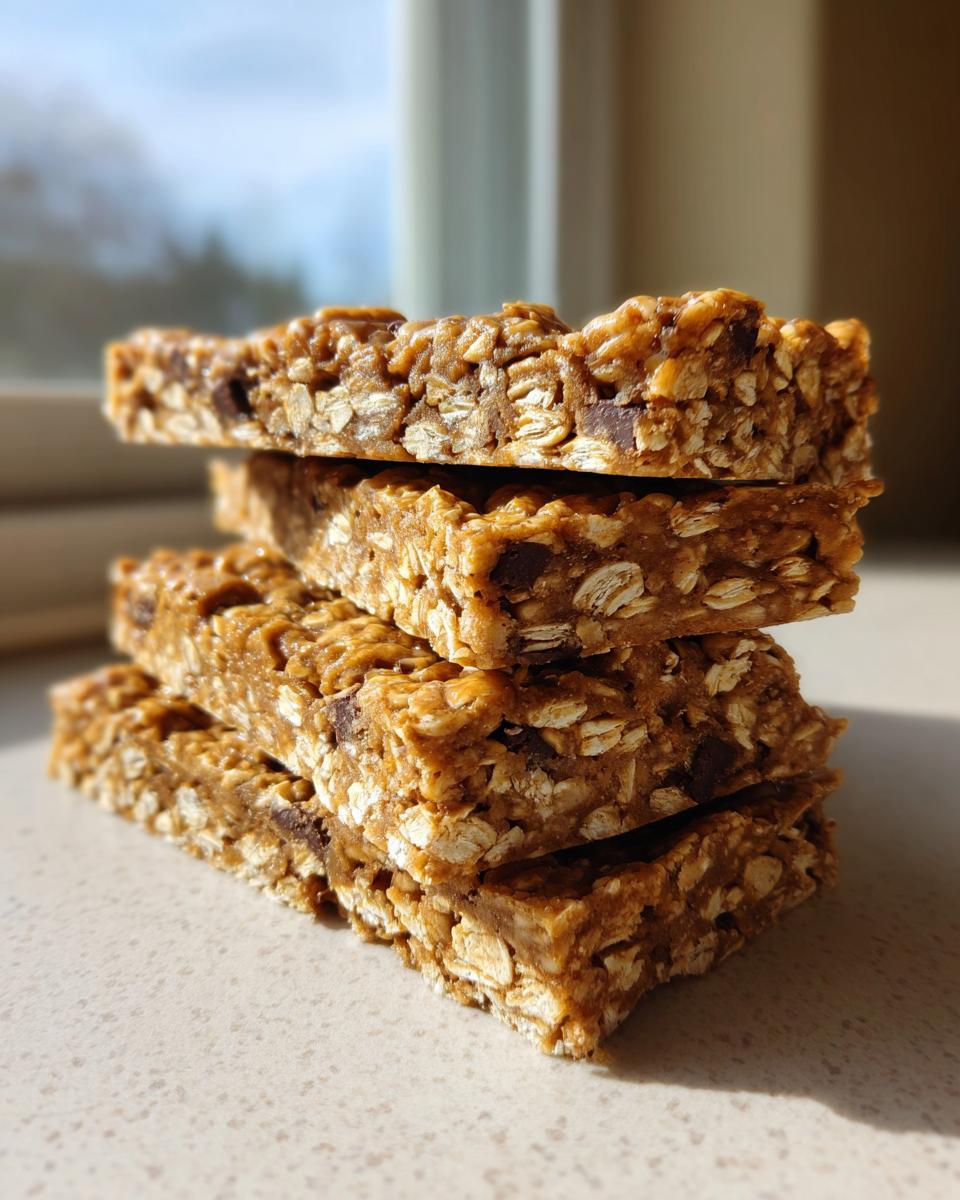 A stack of four homemade, chewy protein bars made with oats and chocolate chips, backlit by a window.