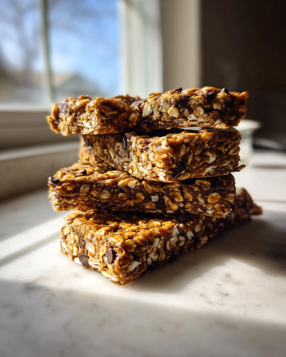 A stack of four homemade, chewy protein bars made with oats and chocolate chips, sitting on a marble surface.