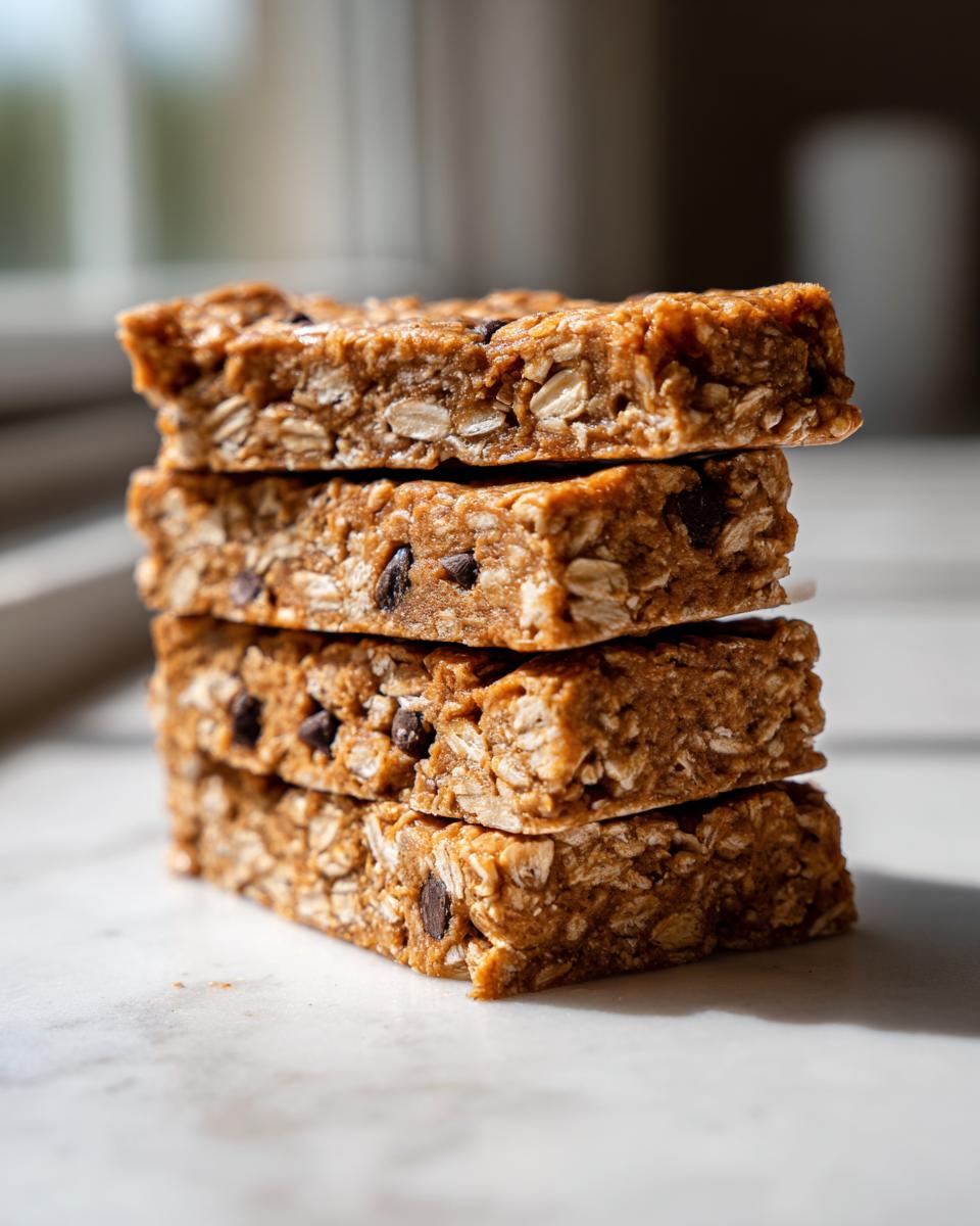 A stack of four homemade, chewy protein bars made with oats and visible chocolate chips, sitting on a marble surface.