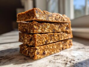 A stack of four homemade, chewy protein bars made with oats and chocolate chips, sitting on a marble counter.