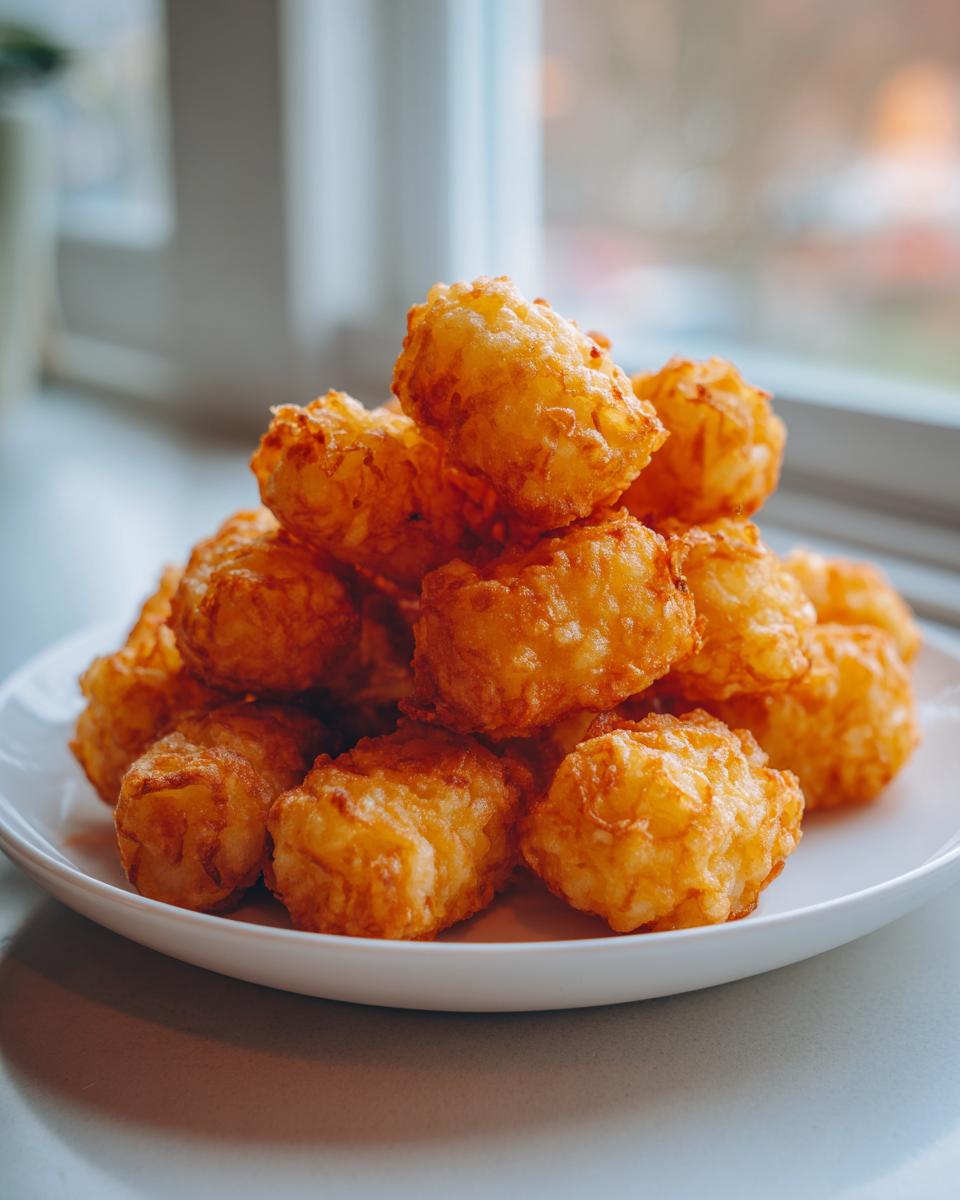 A close-up shot of a pile of perfectly golden and crispy air fryer tater tots served on a white plate.