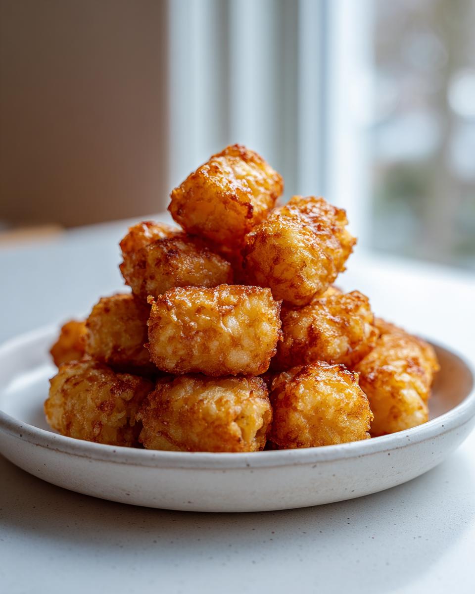 A stack of golden brown, crispy air fryer tater tots piled high in a small white bowl.