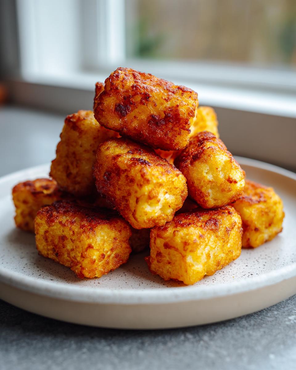 A close-up stack of golden brown, crispy air fryer tater tots piled high on a light speckled plate.