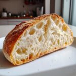 Close-up of a slice of homemade ciabatta bread showing its signature open, airy crumb structure and golden crust.