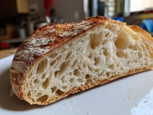 Close-up of a slice showing the open, airy crumb structure inside the homemade ciabatta bread.