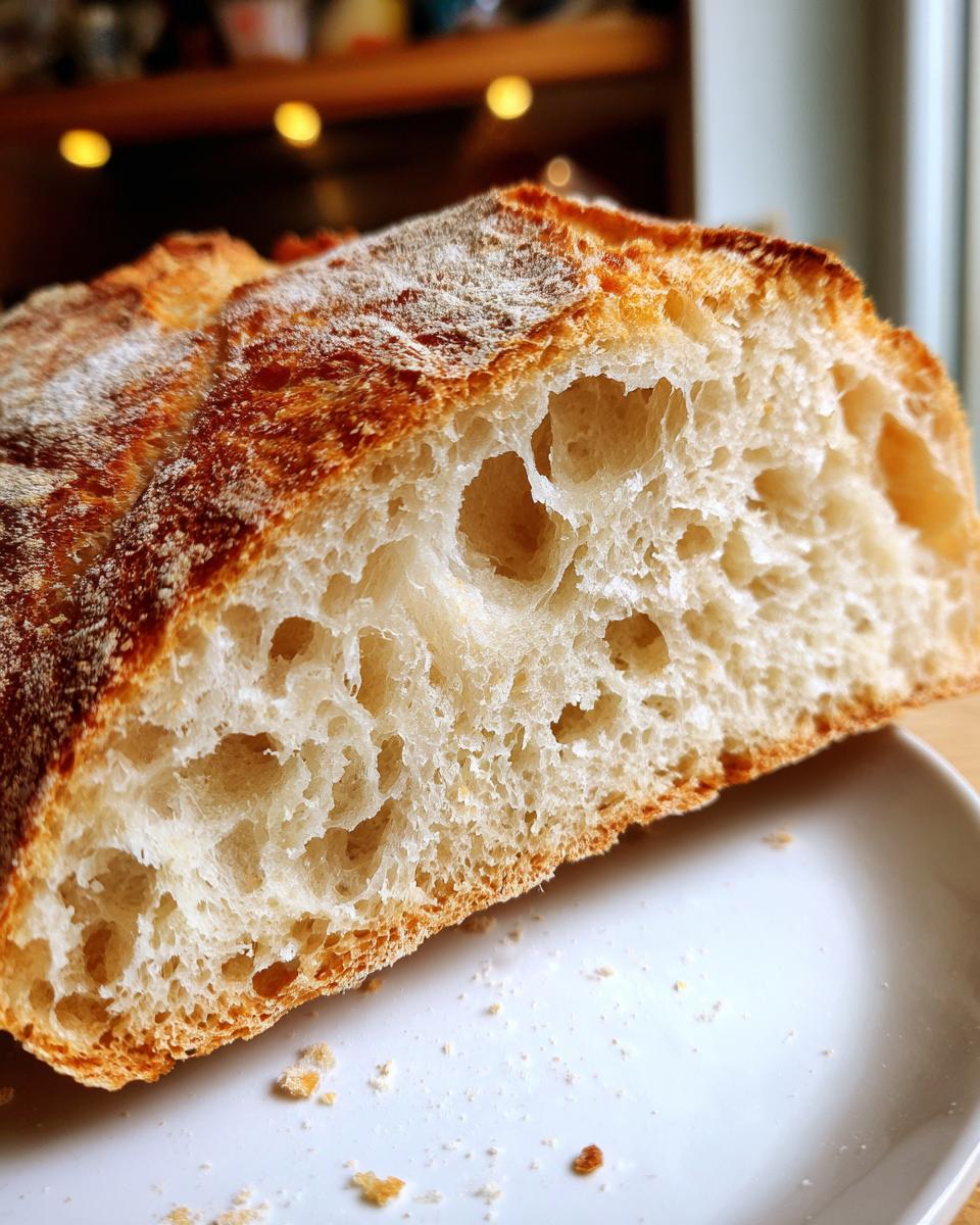 Close-up of the open crumb structure showing large, irregular holes inside a slice of homemade ciabatta bread.