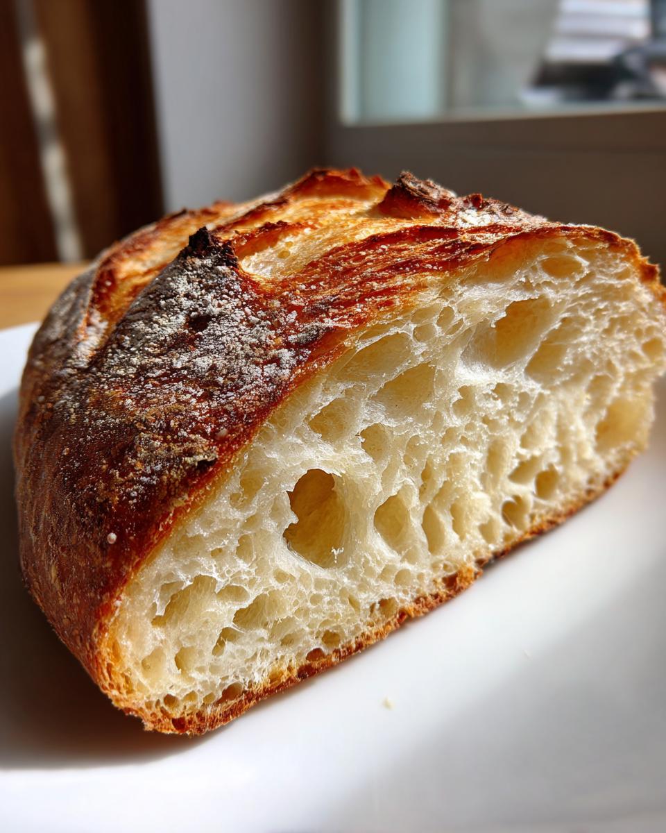 Close-up of a freshly baked ciabatta loaf showing the open, airy crumb structure and golden crust.