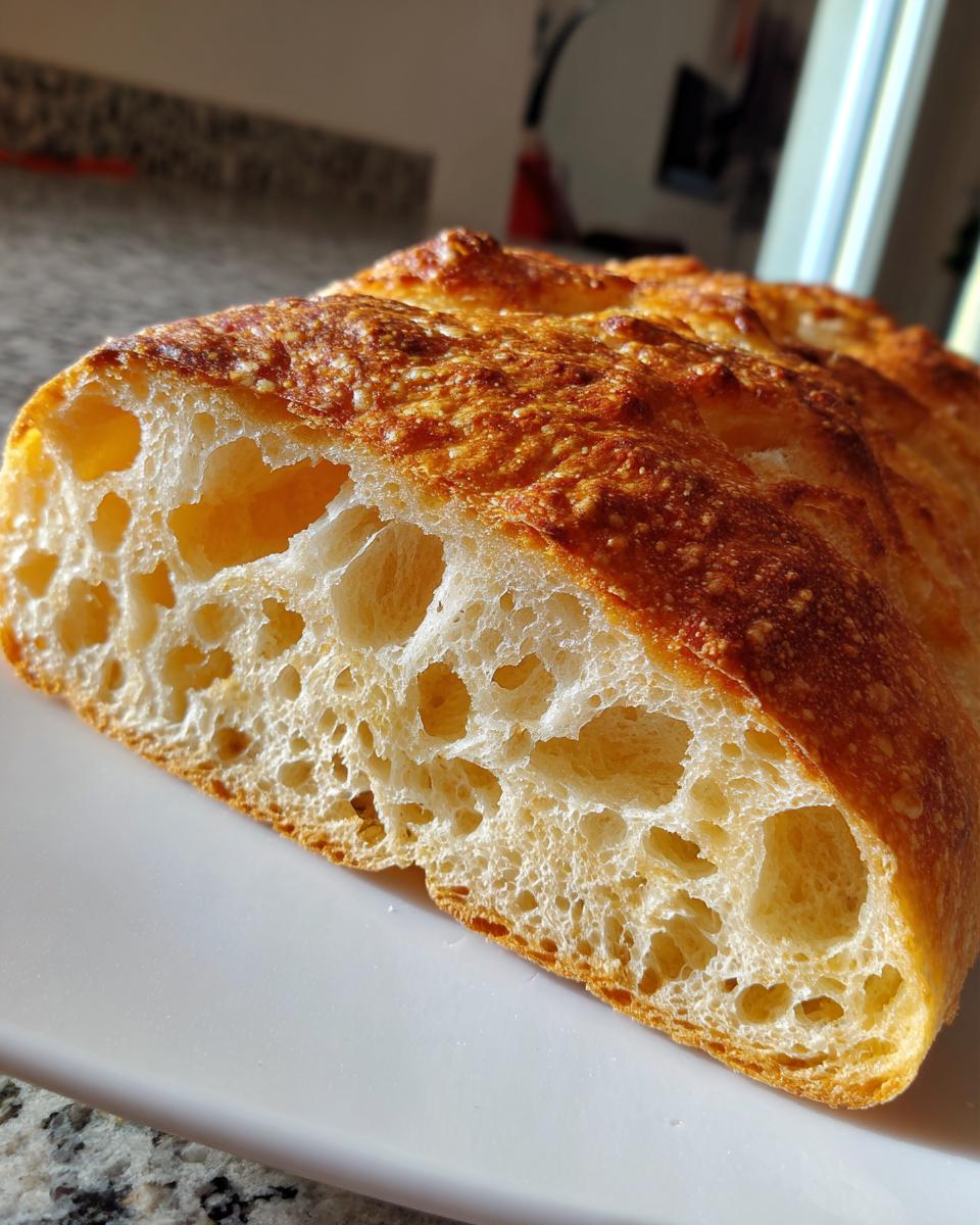 Close-up of a freshly baked ciabatta loaf showing its signature open, airy crumb structure and golden crust.