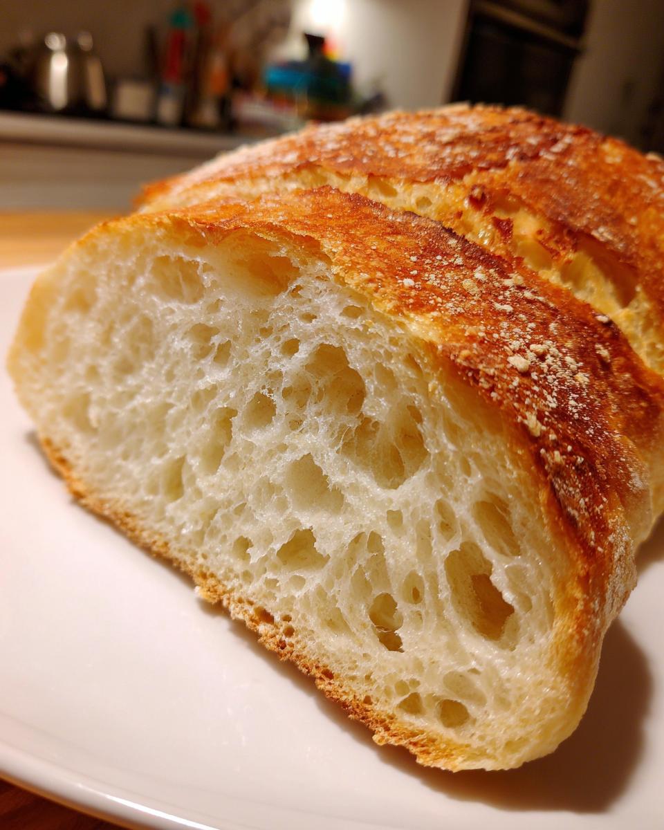 Close-up of a freshly baked ciabatta slice showing its signature large, airy holes and golden crust.
