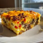 Close-up of a hearty slice of breakfast casserole featuring eggs, sausage, red peppers, and melted cheddar cheese.