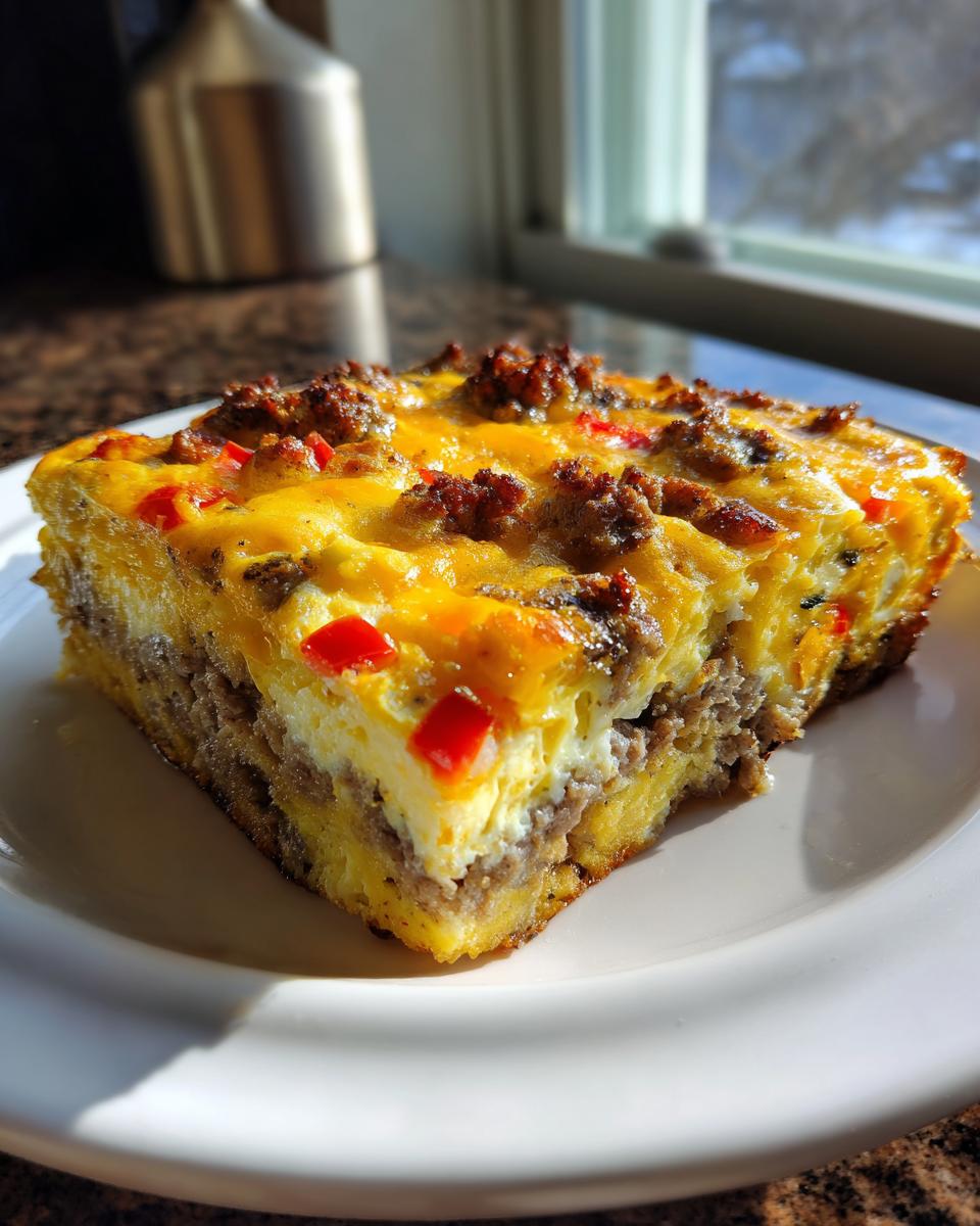A thick slice of savory breakfast casserole with sausage, eggs, cheese, and red peppers on a white plate.