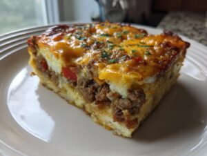 Close-up of a hearty slice of breakfast casserole with sausage, eggs, and melted cheddar cheese topping.