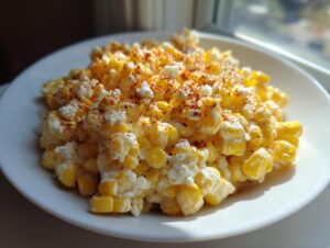 Close-up of a bright yellow corn salad mixed with white cheese and sprinkled with red paprika on a white plate.