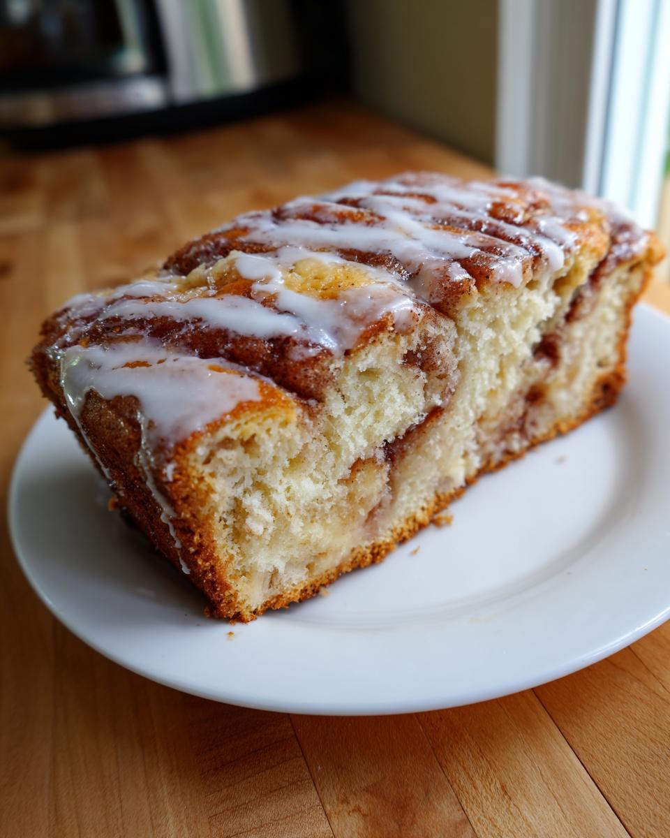 A moist slice of apple bread with cinnamon swirl and white sugar glaze on a white plate.