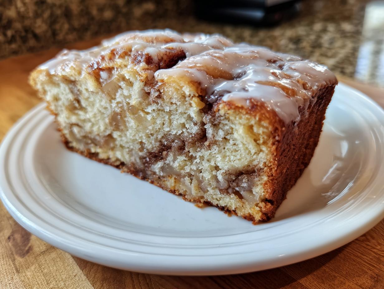 A close-up shot of a moist slice of apple bread topped with a sweet white glaze, served on a white plate.