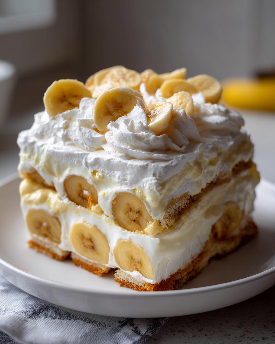 A tall, layered slice of homemade banana pudding topped with whipped cream and fresh banana slices.