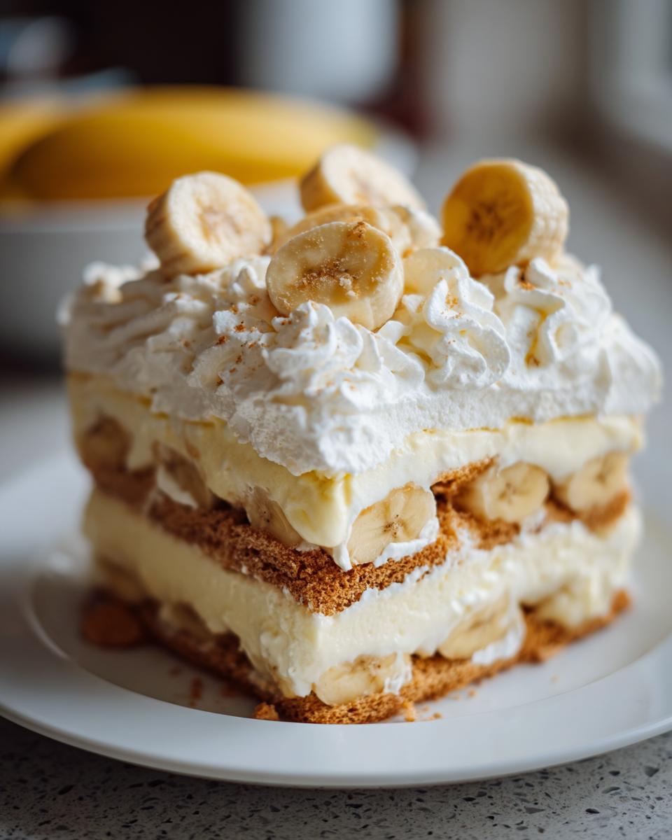 A tall, layered slice of amazing banana pudding featuring vanilla wafers, creamy filling, and fresh banana slices topped with whipped cream.