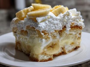 A decadent slice of banana pudding layered with vanilla wafers, creamy custard, and topped with whipped cream and fresh banana slices.