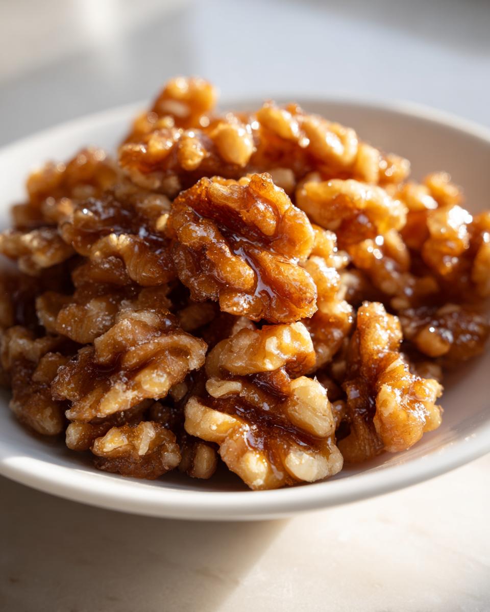 A close-up shot of glossy, homemade candied walnuts piled high in a small white bowl.