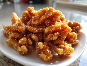 A close-up shot of a pile of glossy, golden-brown candied walnuts sprinkled with sugar crystals on a small white dish.