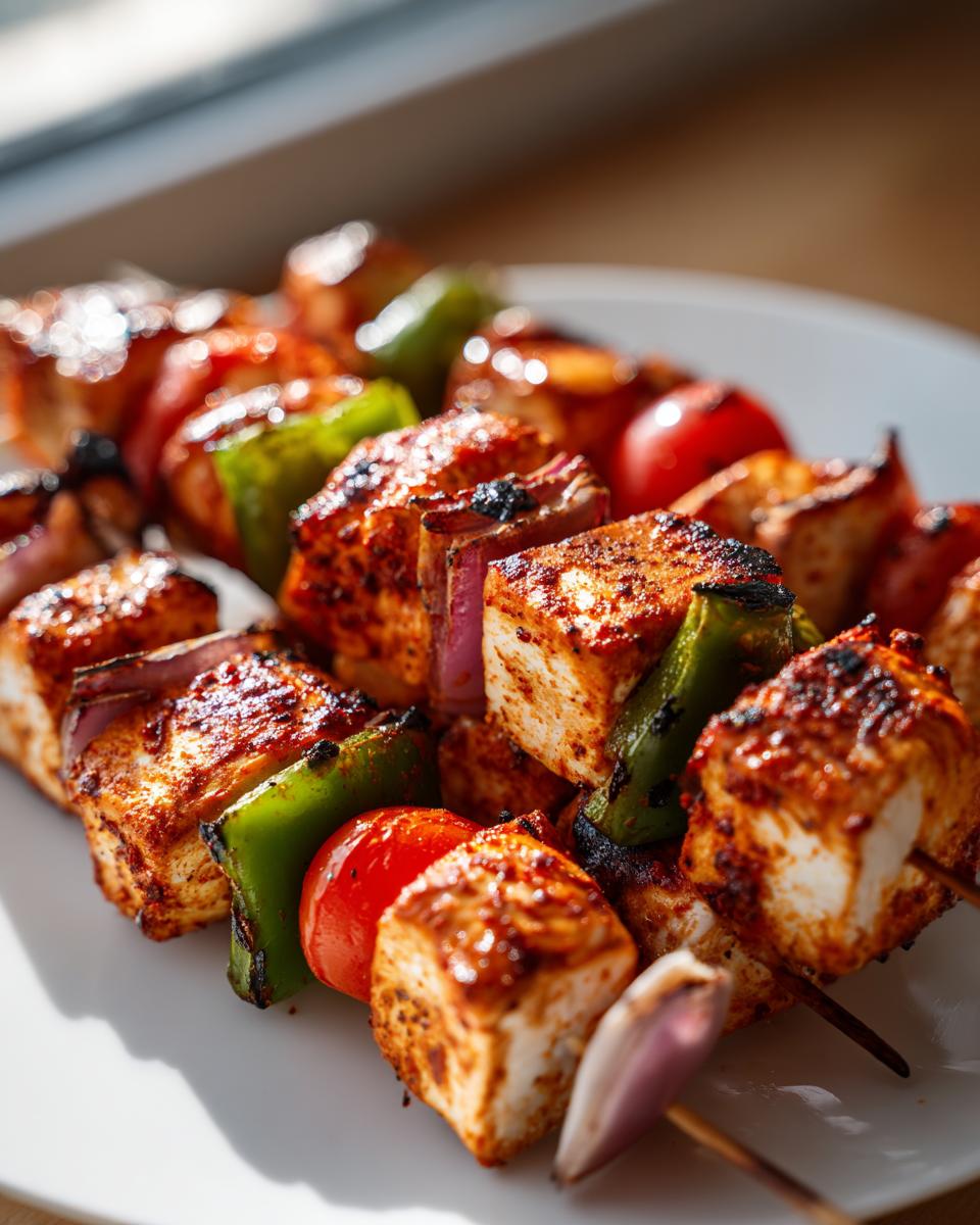 Close-up of perfectly grilled chicken kebabs featuring seasoned chicken cubes, green peppers, tomatoes, and red onion.