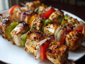 Close-up of perfectly grilled chicken kebabs threaded with bell peppers and onions.