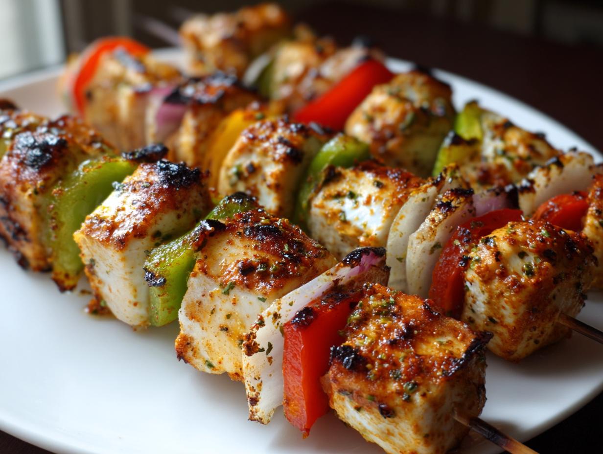 Close-up of perfectly grilled chicken kebabs threaded with bell peppers and onions.