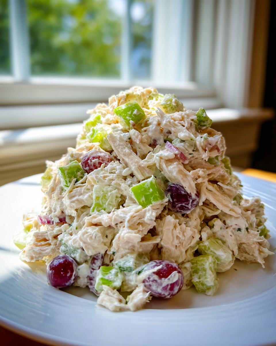 A tall mound of creamy chicken salad mixed with celery chunks and red grapes served on a white plate.