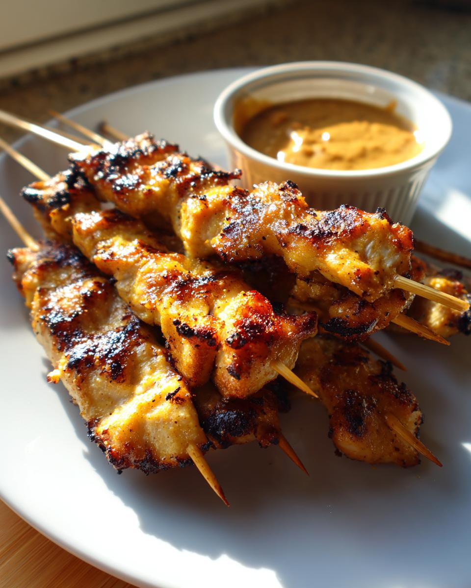 Close-up of golden brown, grilled chicken satay skewers served on a white plate next to a small bowl of peanut sauce.