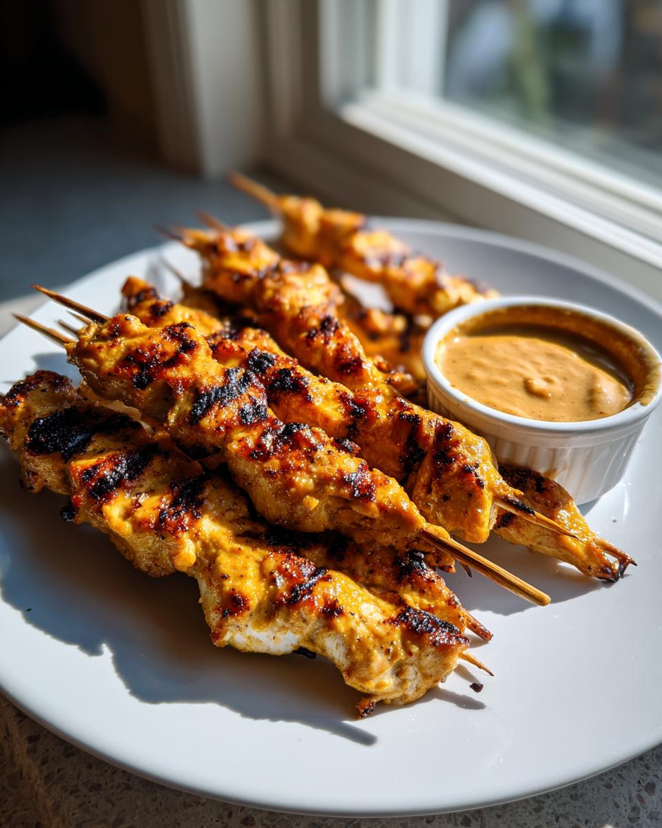 Close-up of perfectly grilled chicken satay skewers on a white plate next to a small bowl of peanut dipping sauce.