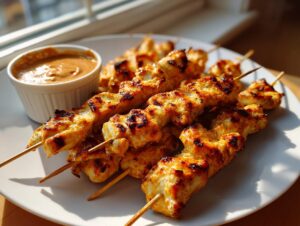 Close-up of perfectly grilled chicken satay skewers served on a white plate next to a small bowl of peanut sauce.
