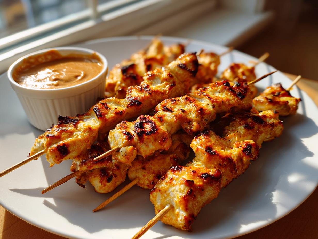 Close-up of perfectly grilled chicken satay skewers served on a white plate next to a small bowl of peanut sauce.