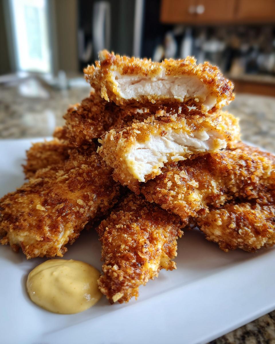 A stack of golden brown, crispy chicken tenders, one cut open to show the juicy white meat inside, served with a side of honey mustard.