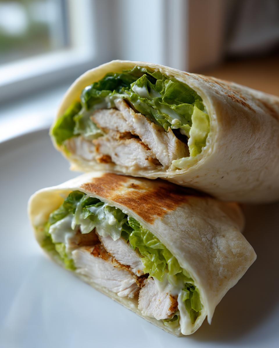 Close-up of a grilled chicken wrap cut in half, showing sliced chicken, crisp lettuce, and creamy dressing.