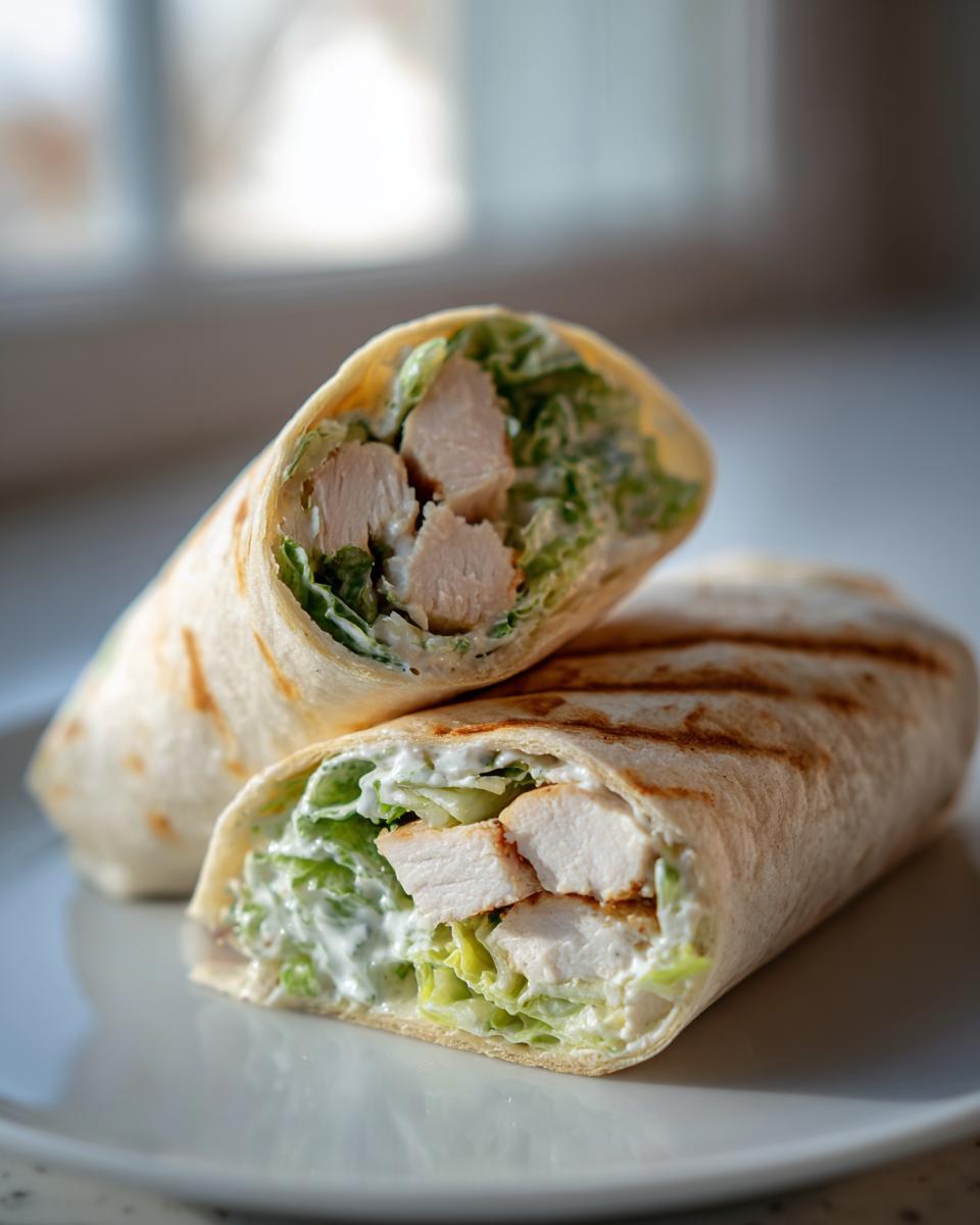 Two halves of a grilled chicken wraps filled with white chicken chunks, crisp lettuce, and creamy dressing, resting on a white plate.