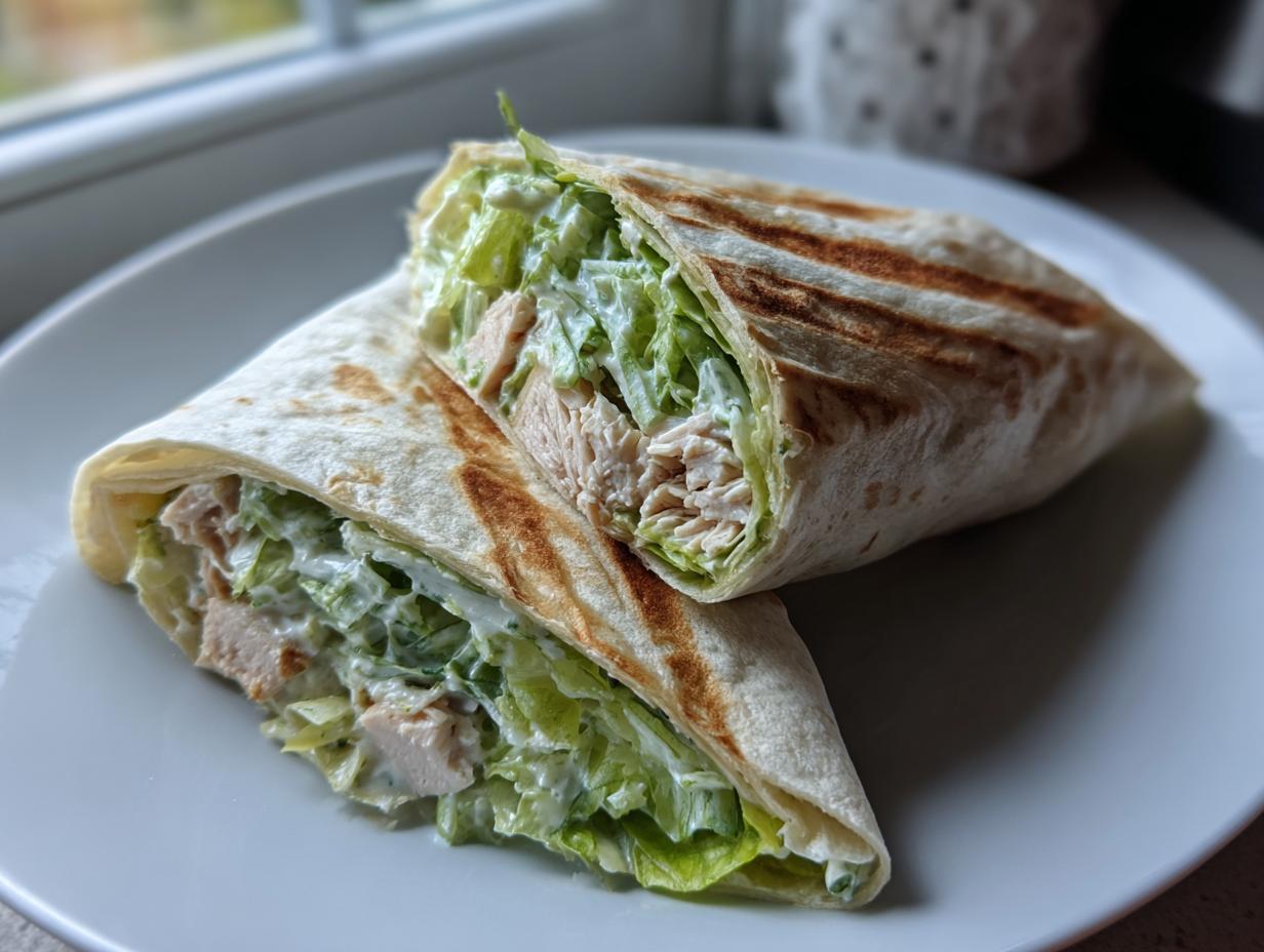Two halves of a grilled tortilla filled with shredded chicken, crisp lettuce, and creamy dressing, showcasing the amazing chicken wraps.