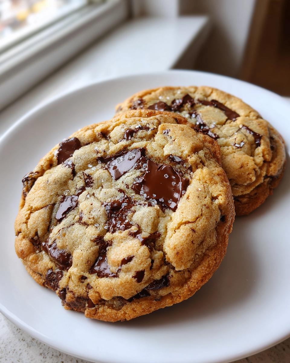 Close-up of two gooey, thick chocolate chip cookie halves topped with flaky sea salt on a white plate.