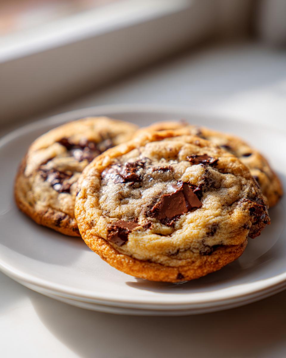 Three freshly baked chocolate chip cookies piled on a white plate, showing melted chocolate chunks.