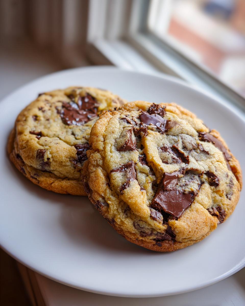 Close-up of two thick, gooey chocolate chip cookie halves with melted chocolate chunks sitting on a white plate.