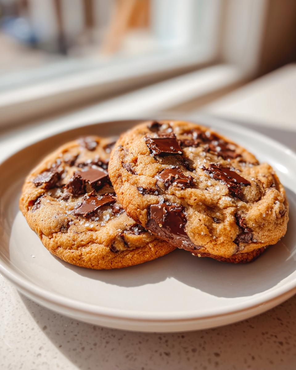 Two freshly baked chocolate chip cookie halves, topped with melted chocolate chunks and flaky sea salt.