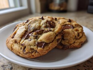 Close-up of two freshly baked, gooey chocolate chip cookie treats on a white plate.