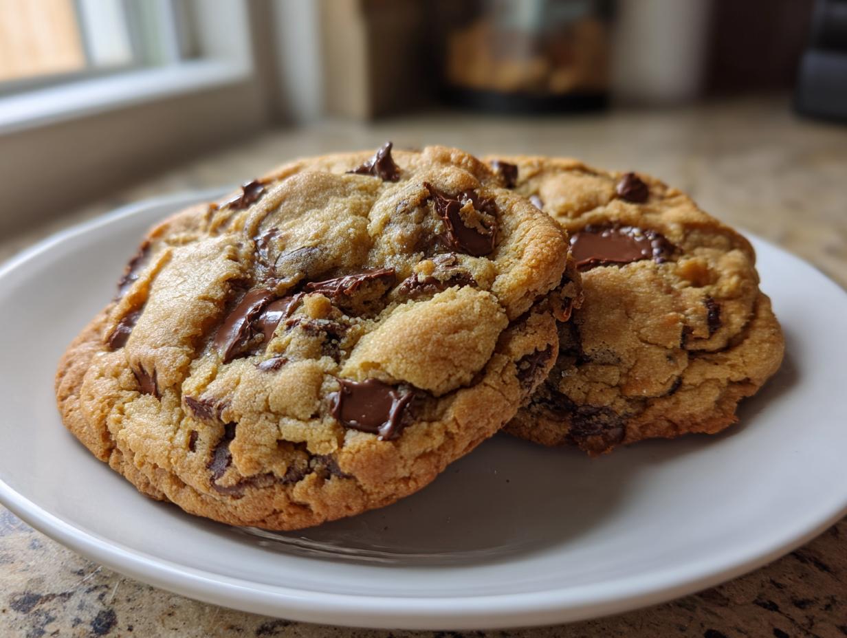 Close-up of two freshly baked, gooey chocolate chip cookie treats on a white plate.