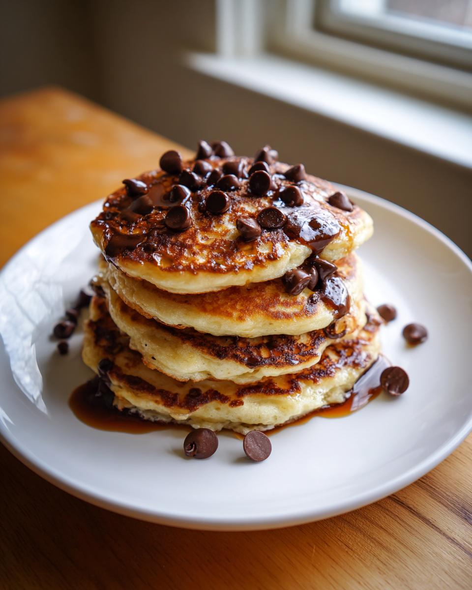 A tall stack of four fluffy chocolate chip pancakes drizzled with syrup and topped with melted chocolate chips.